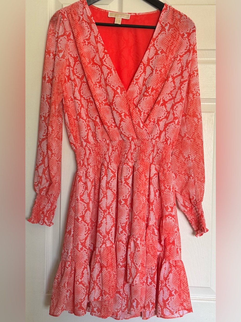 Michael Kors Coral Snake-Print Wrap Long-Sleeve Midi Dress